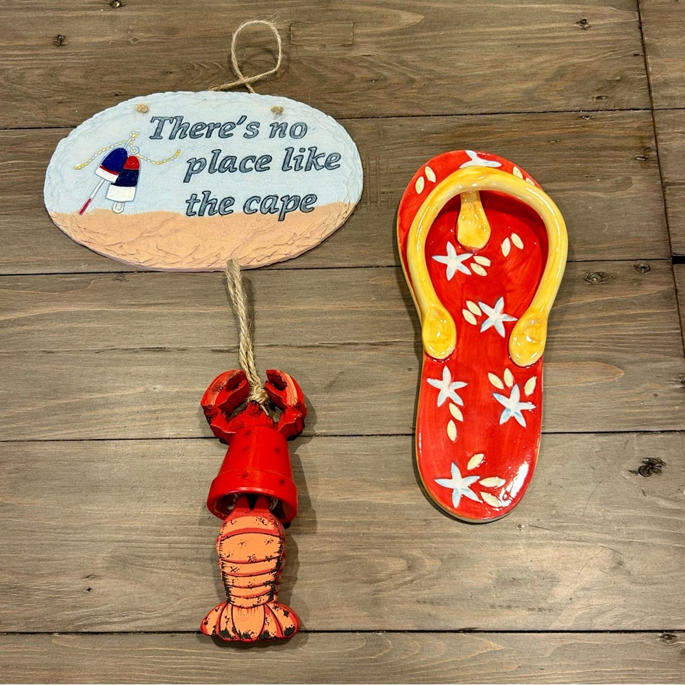 Beach Cape Cod signs: lot of 3, ceramic flip flop, lobster ornament and sign